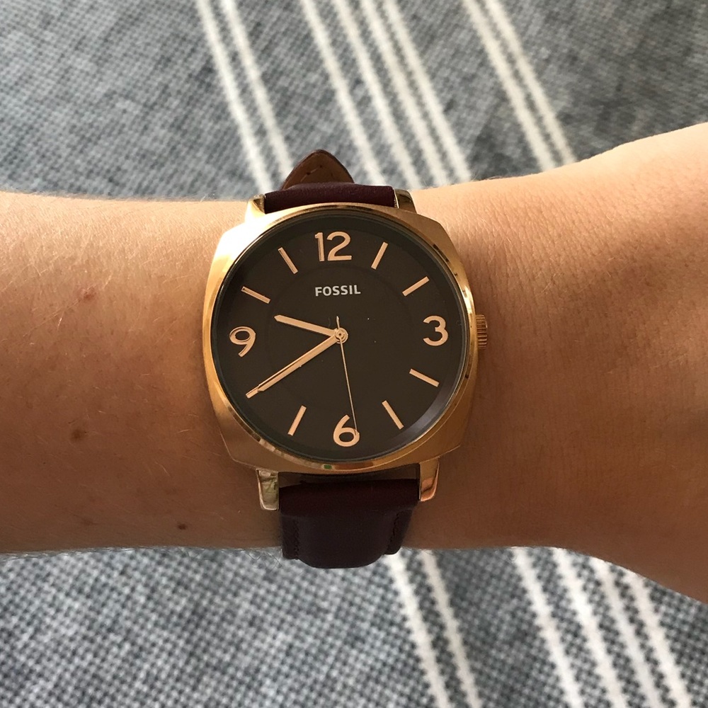 Fossil women’s wine red and rose gold square watch